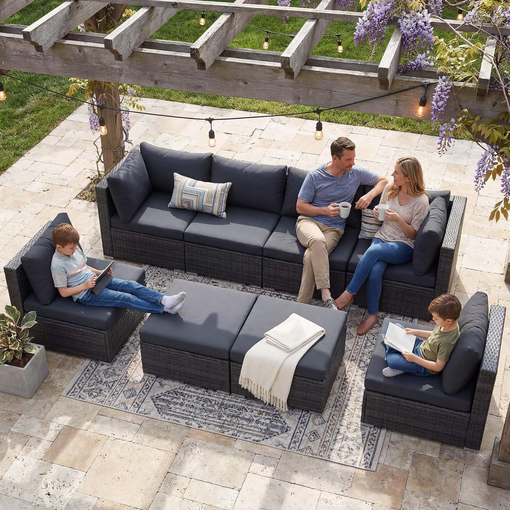 8 Seater Modern Luxury Outdoor Furniture Set, Extra Large PE Wicker Patio Modular Sectional Sofa with Ottoman, 29.3''