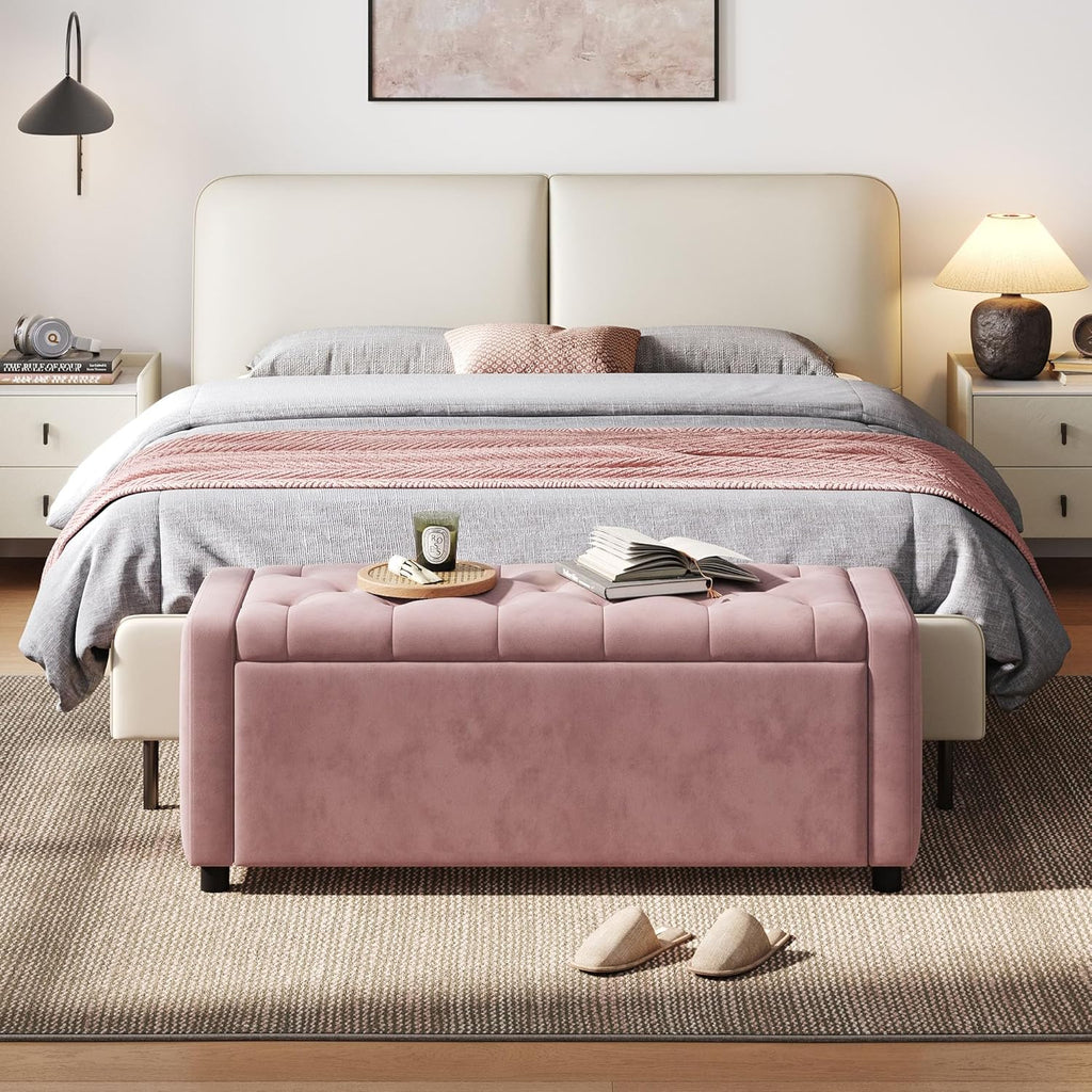 49" Velvet Ottoman with Storage, Upholstered End of Bed Storage Bench, Large Ottoman Foot Rest , Pink