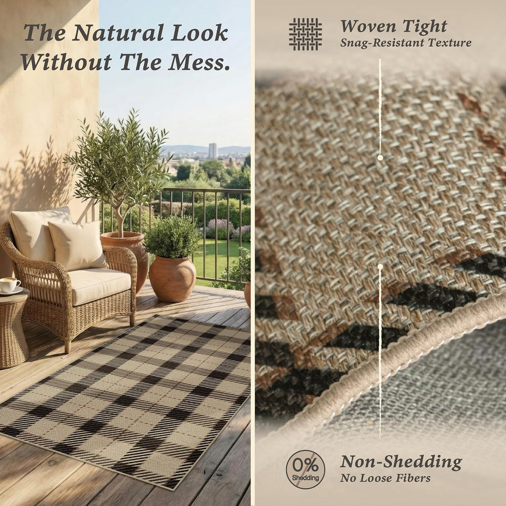 Easy Jute Area Rug 5x7, Black & Tan Plaid Rug, Washable Indoor Outdoor Farmhouse Rug & Covered Porch, Low Pile Non Slip