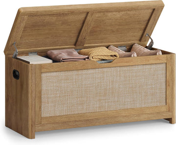 Boho Storage Bench with Rattan Look, Storage Chest with Rounded Corners, Blanket Chest and Trunk with