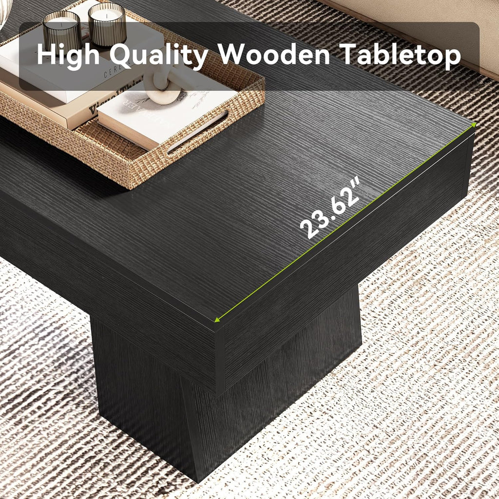 Farmhouse Coffee Table, 47 Inches Wooden Rectangular Accent Center Tables with Thick Base