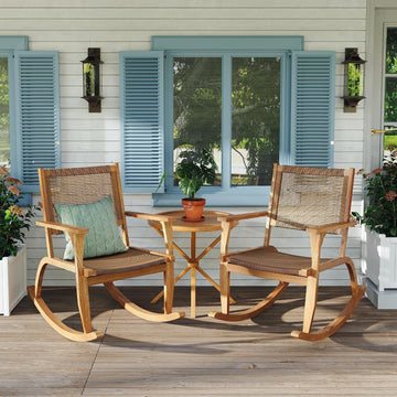 Acacia Wood Outdoor Rocking Chair Set of 2, Natural Wicker Outdoor Rockers with Wicker Rattan Seat & Backrest, 400