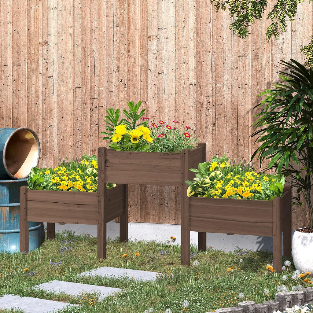 Raised Garden Bed with 3 Planter Box Elevated Plant Stand, Coffee | Wooden, Drainage Holes, for Vegetables Herb and