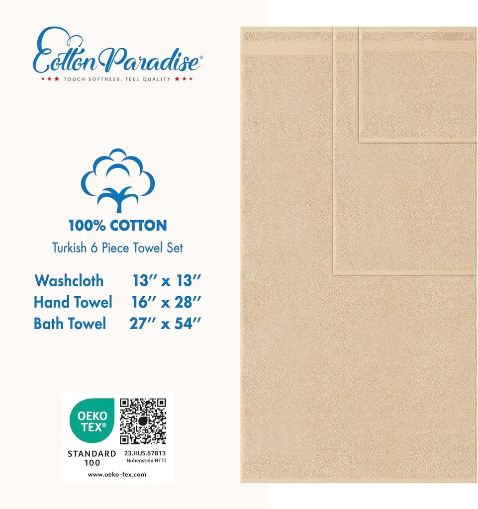 100% Cotton Turkish Towel Set, Soft Absorbent Quick Dry, 6 Piece Towel Set, Beige