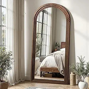 Arched Full Length Floor Mirror with Stand, 55X24 Rustic Farmhouse Solid Wood Frame Wall Mirror, Vertical Hanging &