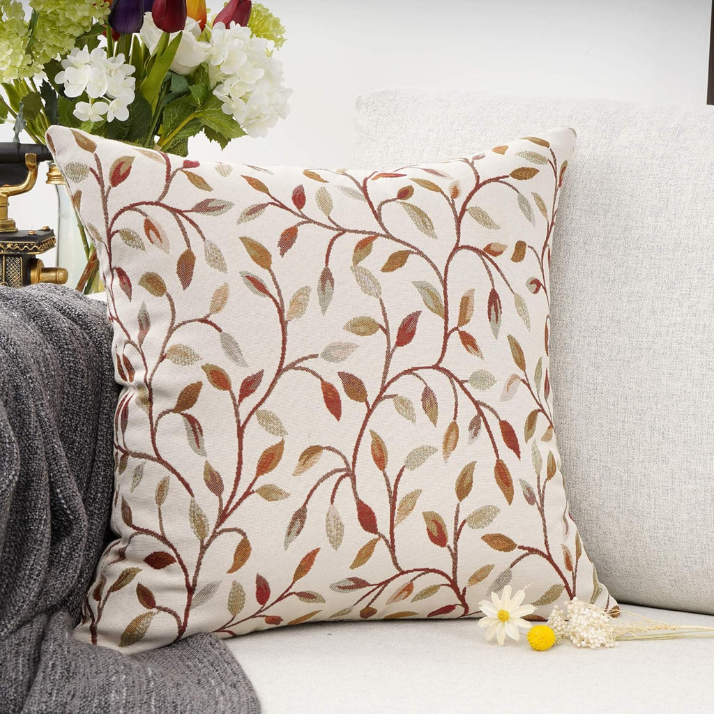 Classical Embroidery Jacquard Beige Leaf Pattern Square Decorative Throw Pillow Case Cushion Cover 18 x 18 inch