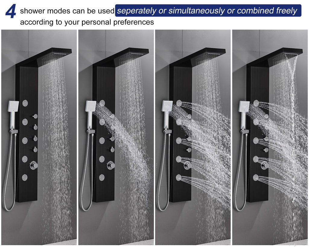 4-in-1 Rainfall Waterfall Shower Panel Tower System, Black