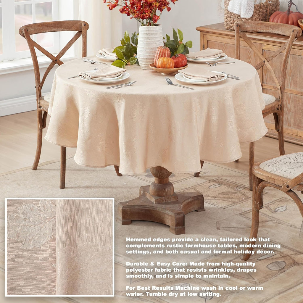 Taupe Tremont Leaf Damask Round Fabric Spring Lodge Tablecloth, 70 Inch, Elegant Holiday Swirling Le
