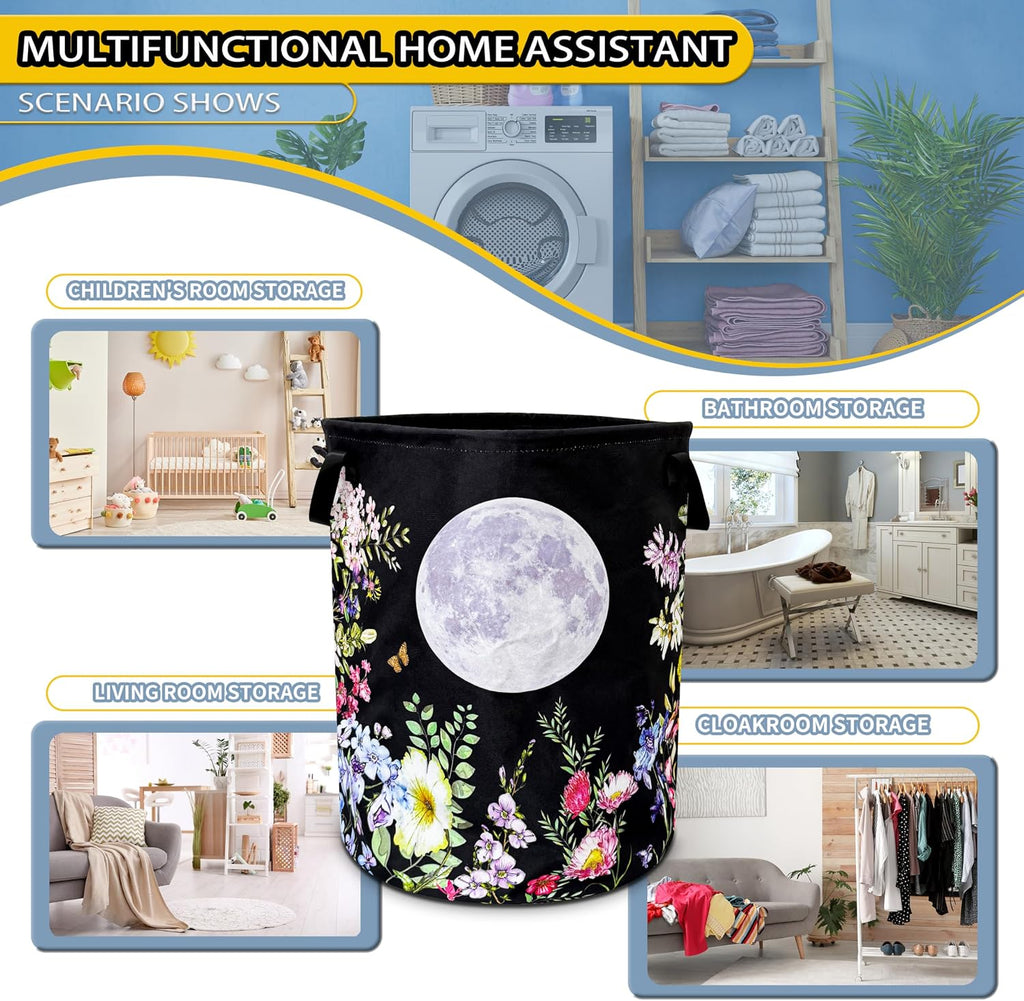 Full Moon Flowers Laundry Basket Foldable Waterproof Hamper 18.9x16.5 Inch | Oxford Cloth With Reinforced Handles