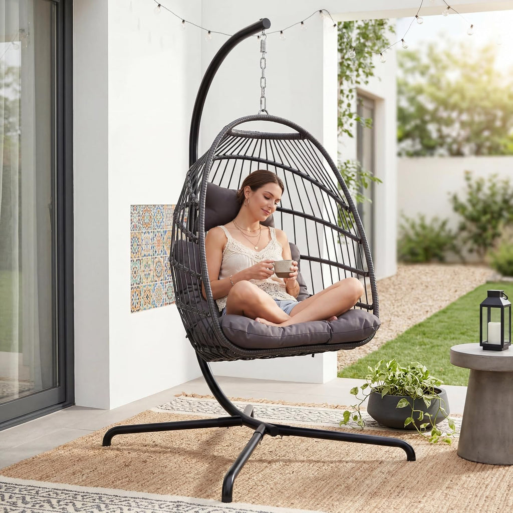 With Stand, Foldable Hanging Egg Chair Outdoor | 350 Lbs Heavy Duty, Foldable, PE Rattan Wicker Egg Swing Chair