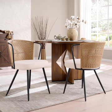 Rattan Dining Chairs Set of 2 - Farmhouse Upholstered Cane Back Kitchen Chair with Boucle Cushion