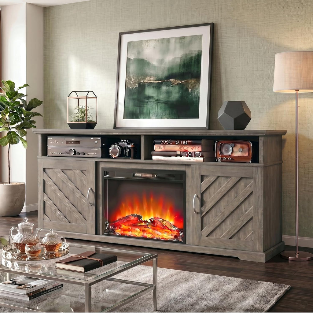 Fireplace TV Stand for 70 inch TV, Farmhouse Entertainment Center with Storage, Wood TV Console with Fireplace, TV