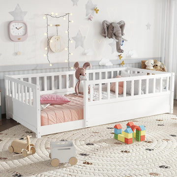 Twin Size Kids Montessori Floor Bed Frame with High Fence,White | Solid Wood,Full Surround Safety Guardrails,Slat