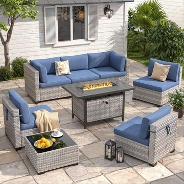 6-Seat Modern Outdoor Wicker Rattan Patio Furniture Set with 55, 000 BTU Fire Pit Table, Thick 4′′ Cushions