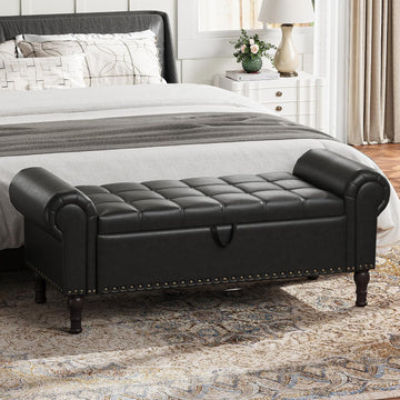 51" Ottoman with Storage, Upholstered Storage Ottoman Bench with Rolled Arms, PU Leather Storage Bench , Black