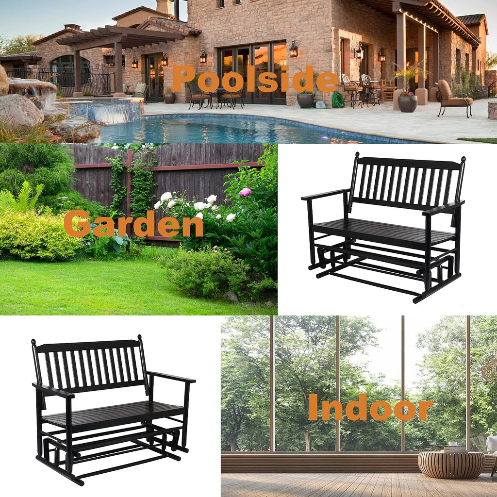 Patio Glider Bench Outdoor, Porch Swing Glider for Outside, Wooden 2-Person Loveseat Rocking Bench Funiture, Black