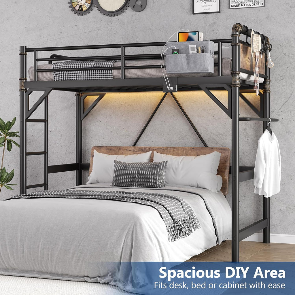 Twin Loft Bed with LED Lights and Charging Station