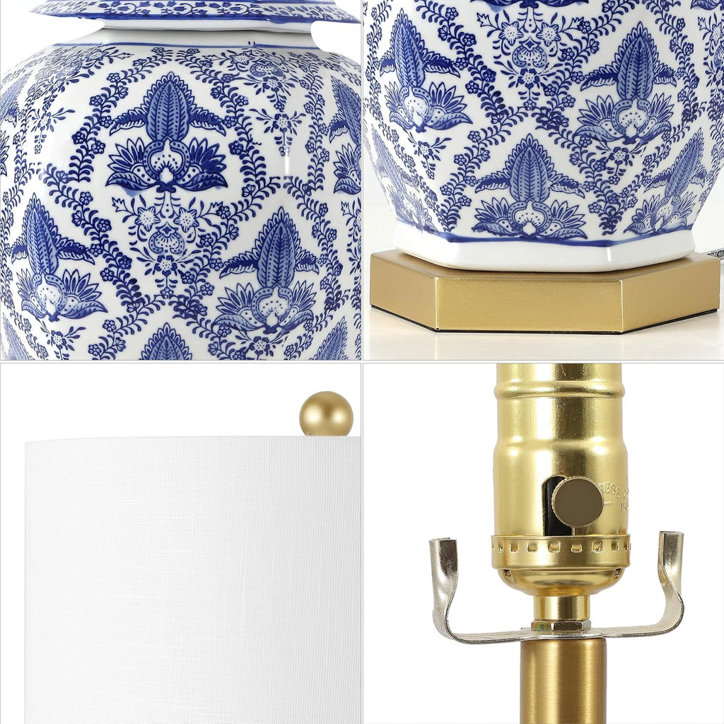 25" Blue/White Classic Traditional Ginger Jar Ceramic LED Table Lamp, Chinoiserie Table Lamp Bedroom, Gold Base
