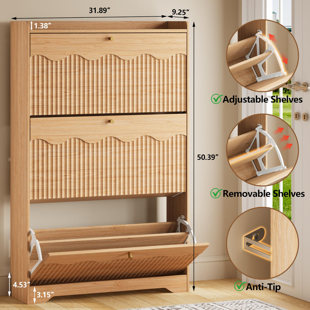 Shoe Storage Cabinet with 3 Flip Drawers and Modern Wave-Edge Fluted Panels, Slim Shoe Rack, Freestanding Narrow