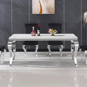 Luxury Marble Dining Table Rectangular 68" Faux Marble Kitchen Table with Silver Mirrored Stainless Steel Legs, White