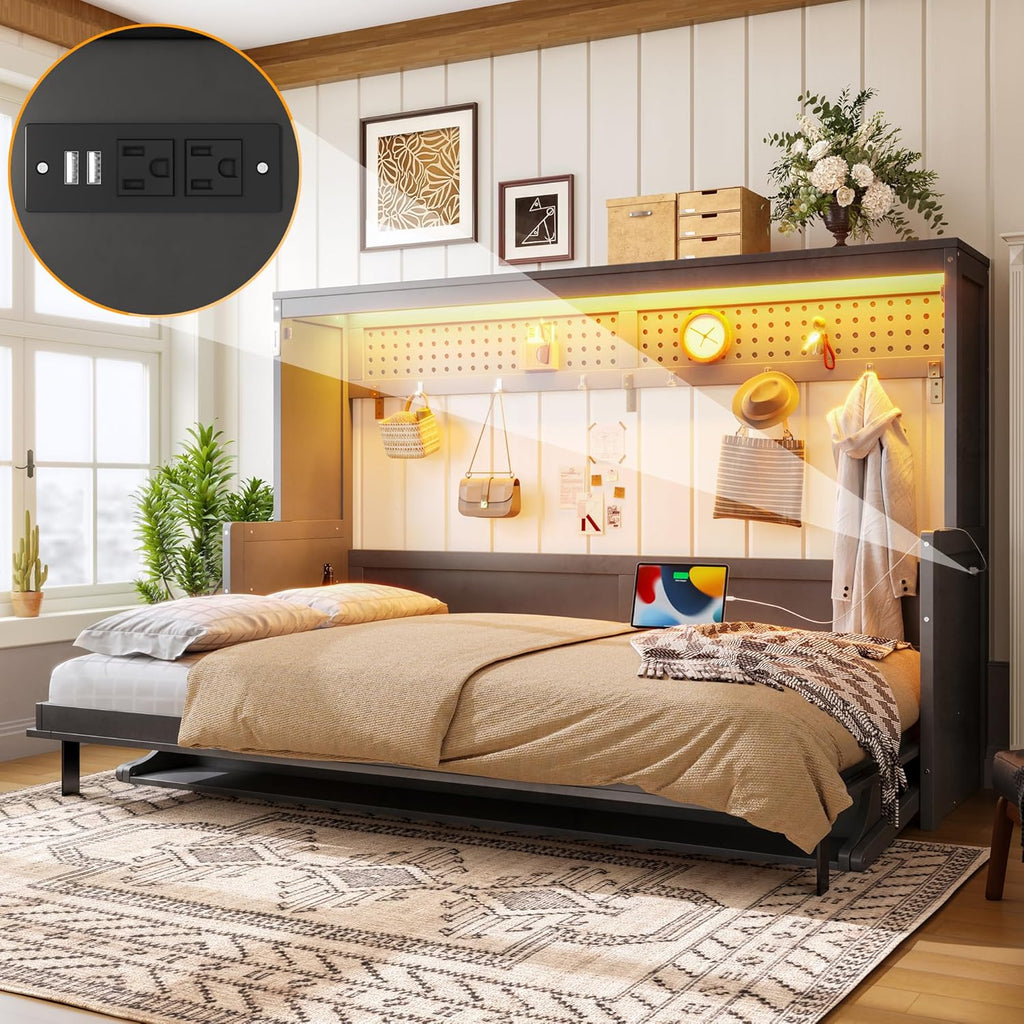 Queen Horizontal Cabinet Murphy Bed with Desk & USB Charging Station, Foldable Hideaway Wall Bed Frame with Solid