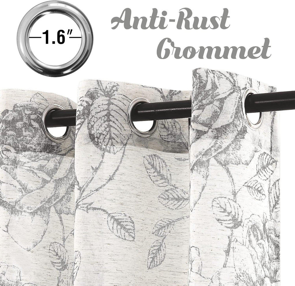 Boho Floral Linen Curtains, Semi Sheer Light Filtering Curtains, Drapes 84 Inch Length 2 Panels Set, Grommet Top
