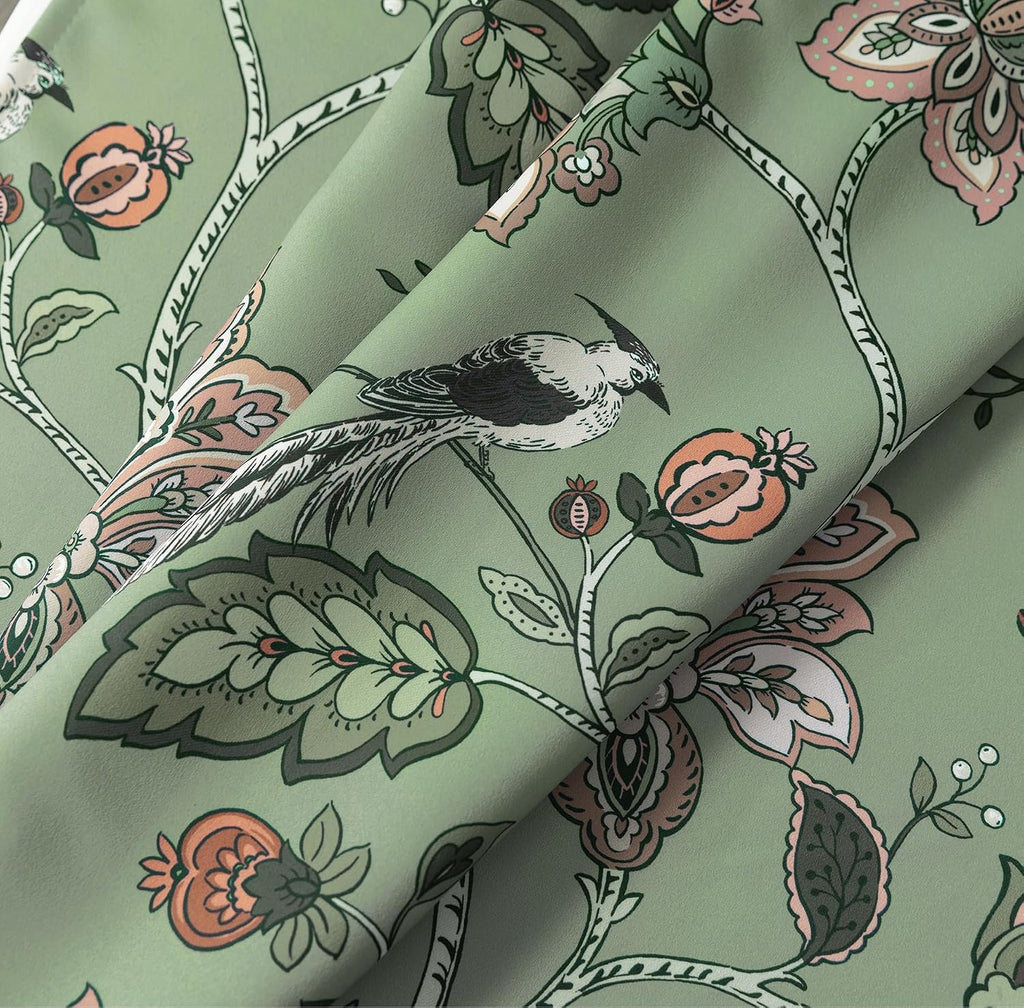 Green and White Curtains 2 Panel Set for Bay Window,70% Blackout Eclectic Art Nouveau Print Floral
