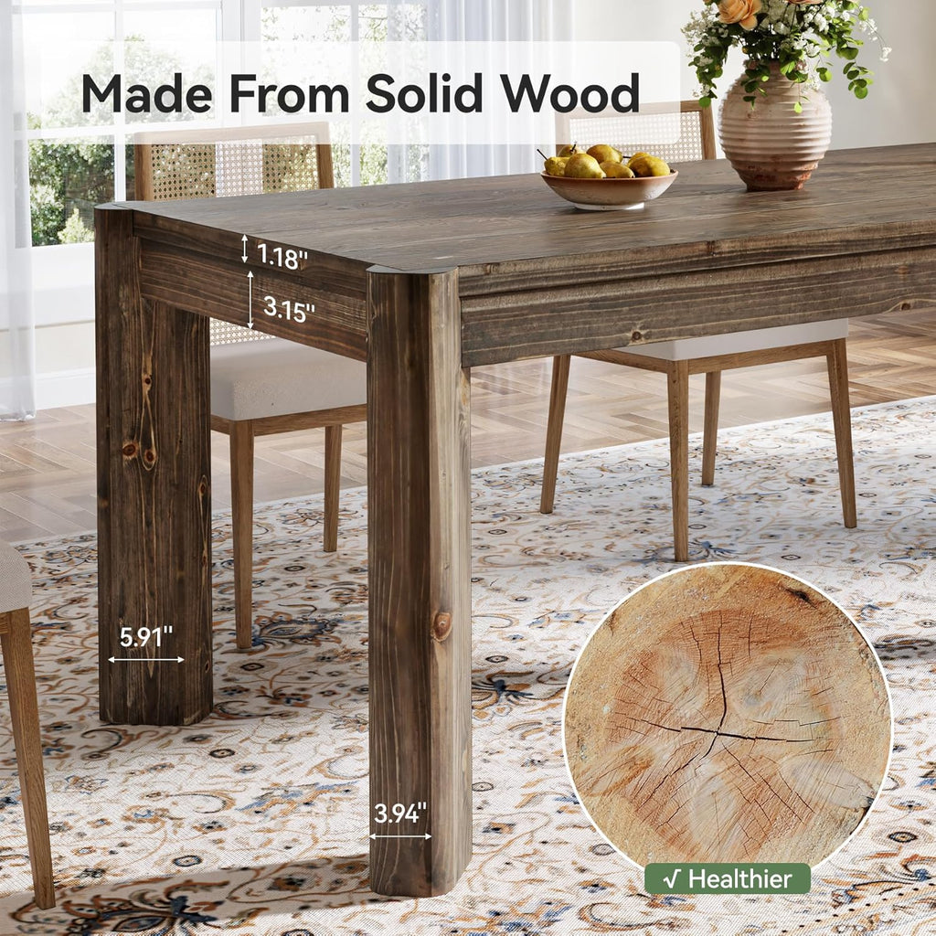 Solid Wood Dining Table for 6 People, 63" Farmhouse Kitchen Table with Heavy Duty Legs, Rectangular Dining Room