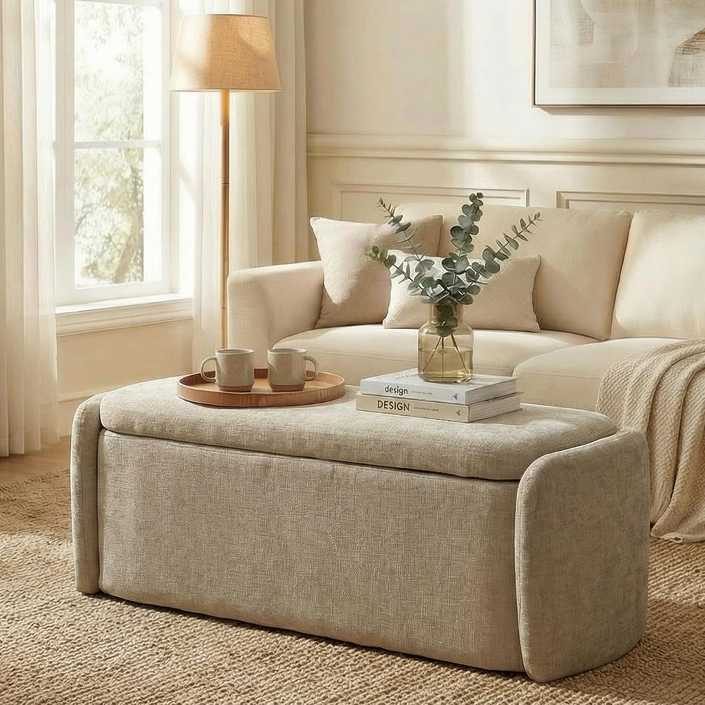 Storage Bench, Upholstered Storage Ottoman Bench with Hinge, Khaki | Ottoman Bench with Large Capacity, Curved Frame