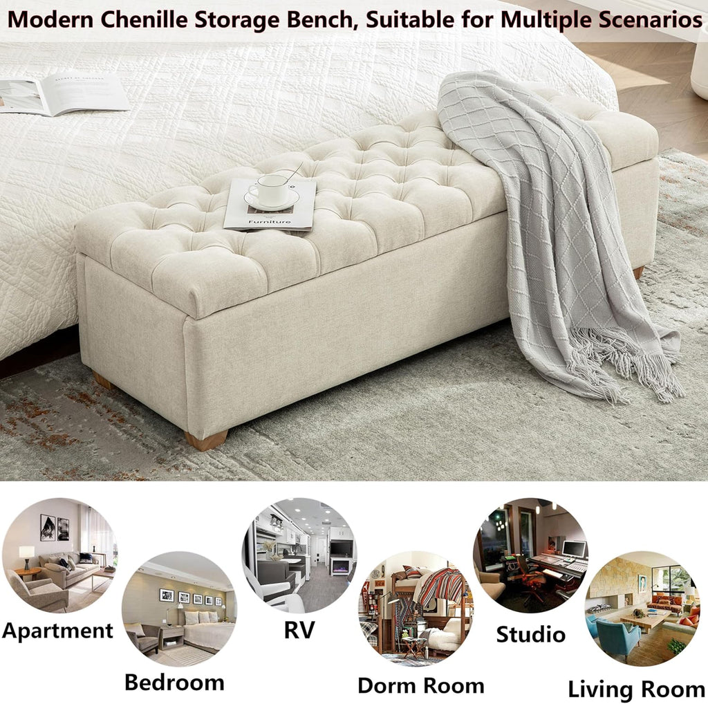 60.2" Storage Ottoman Bench Bed End,Beige Chenille Bench with Seating,Button Tufted Ottomans with Storage