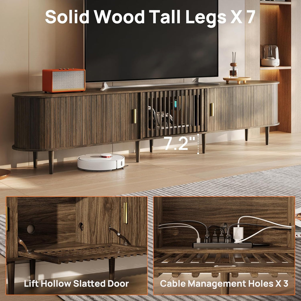 94.5" Fluted Mid Century Modern TV Stand for TVs Up to 80/85/86/90/98/100", Tambour Sliding Doors Entertainment