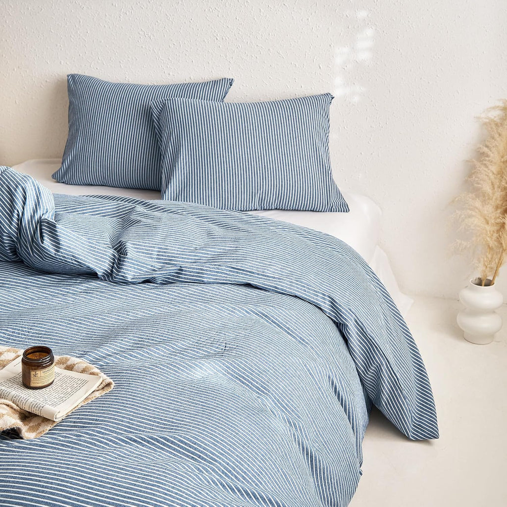 Striped Cotton Duvet Cover Set, 100% Washed Cotton Textured Bedding Set, Ticking Stripe Pinstripe Farmhouse, 3