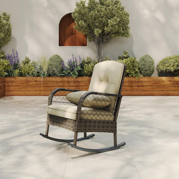 Outdoor Wicker Rocking Chair, Patio Rattan Rocker Chair with Cushions & Steel Frame, All-Weather Rocking Lawn Wicker