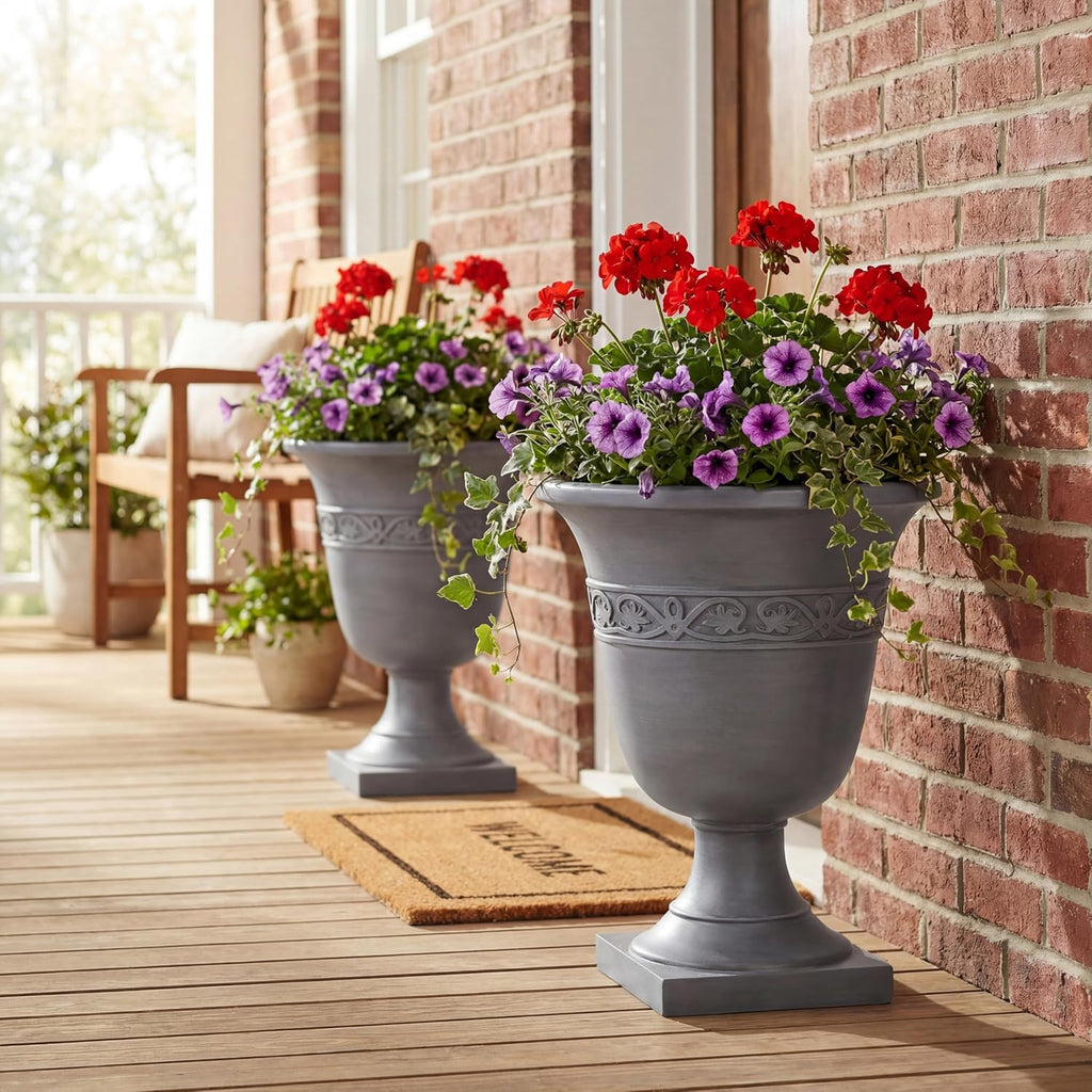 Sical Round Concrete Planter Set of 2, 2 Pack Garden Flower Pot with Drainage Hole, MGO Patio Urn Planter for Outdoor