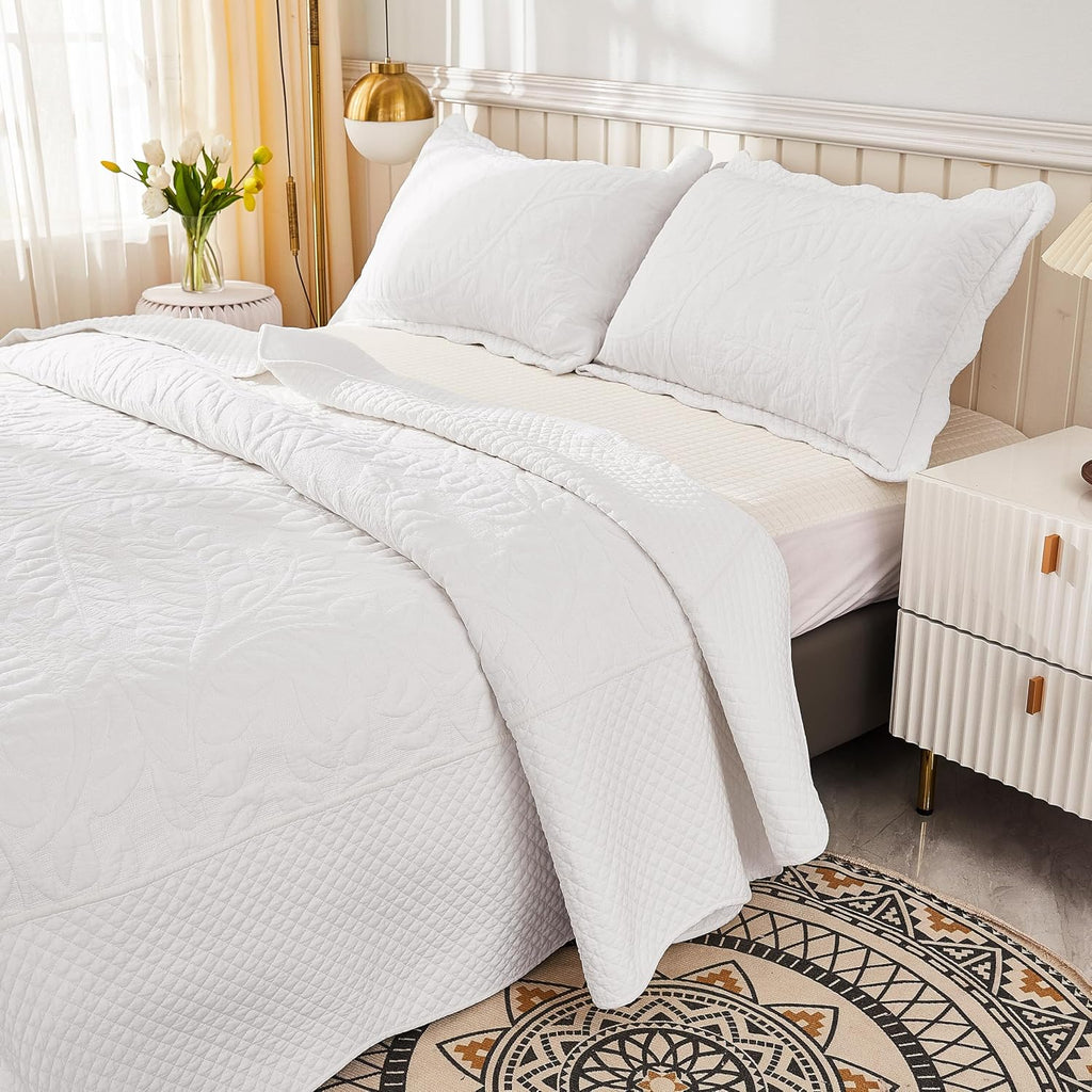 3-Piece 100% Cotton Oversized Bedspread Lightweight Quilt Coverlet Embroidery Farmhouse Bedding Set T0 (Bright White