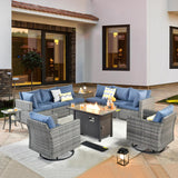 11 Piece Outdoor Patio Furniture Set with Fire Pit Table,Conversation Sectional Wicker Couch with Swivel Chairs,Modern