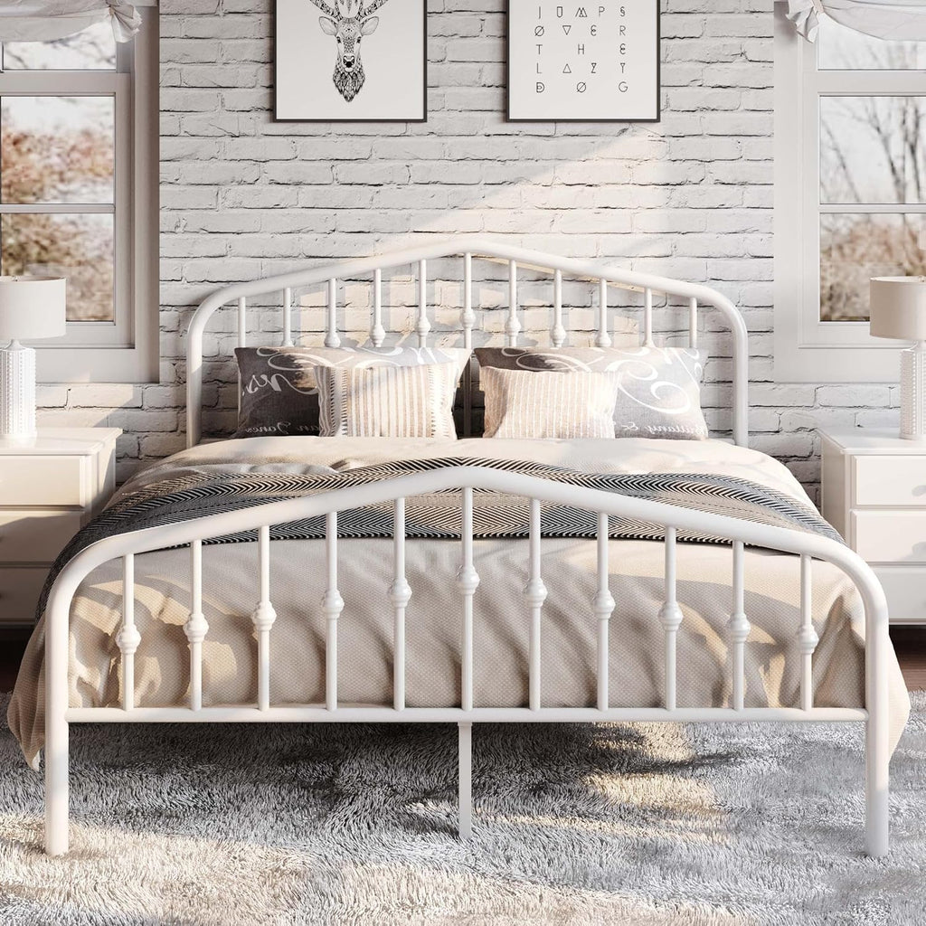 Queen Metal Platform Bed Frame with Victorian Style Wrought Iron-Art Headboard/Footboard, No Box Spring Required, White