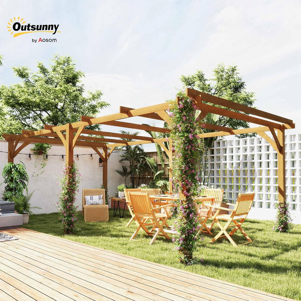 20' x 10' Outdoor Pergola, Wood Gazebo Grape Trellis with Stable Structure and Concrete Anchors for Climbing Plant