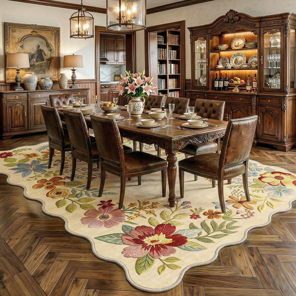 9x12 Floral Washable Area Rug Beige Neutral Vintage Flower Botanical Cottage Boho Cream Scalloped So