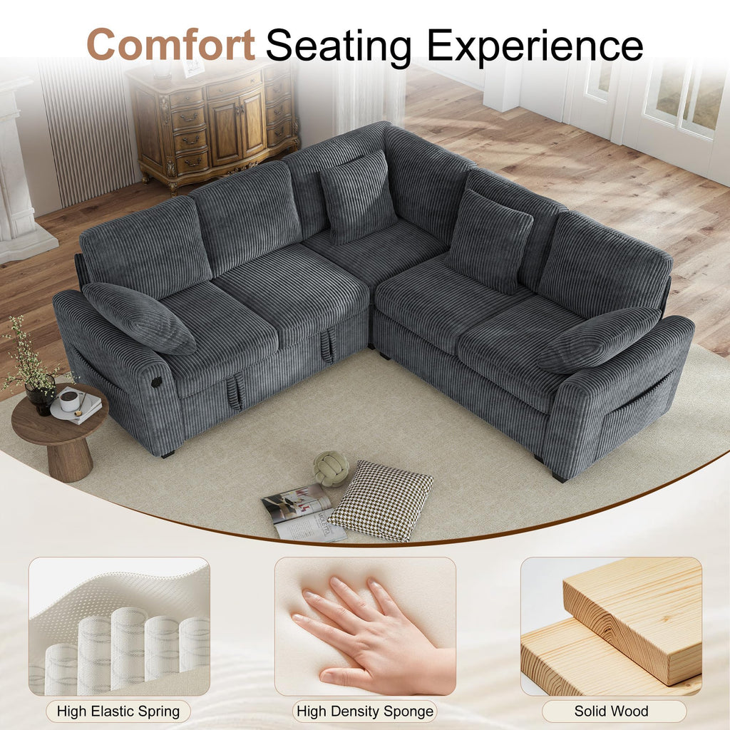 Sectional Sofa with Pull Out Couch Bed, 5 Seats Corduroy Sleeper Sofa with 2 Seat Storage & USB Charging, Comfy L