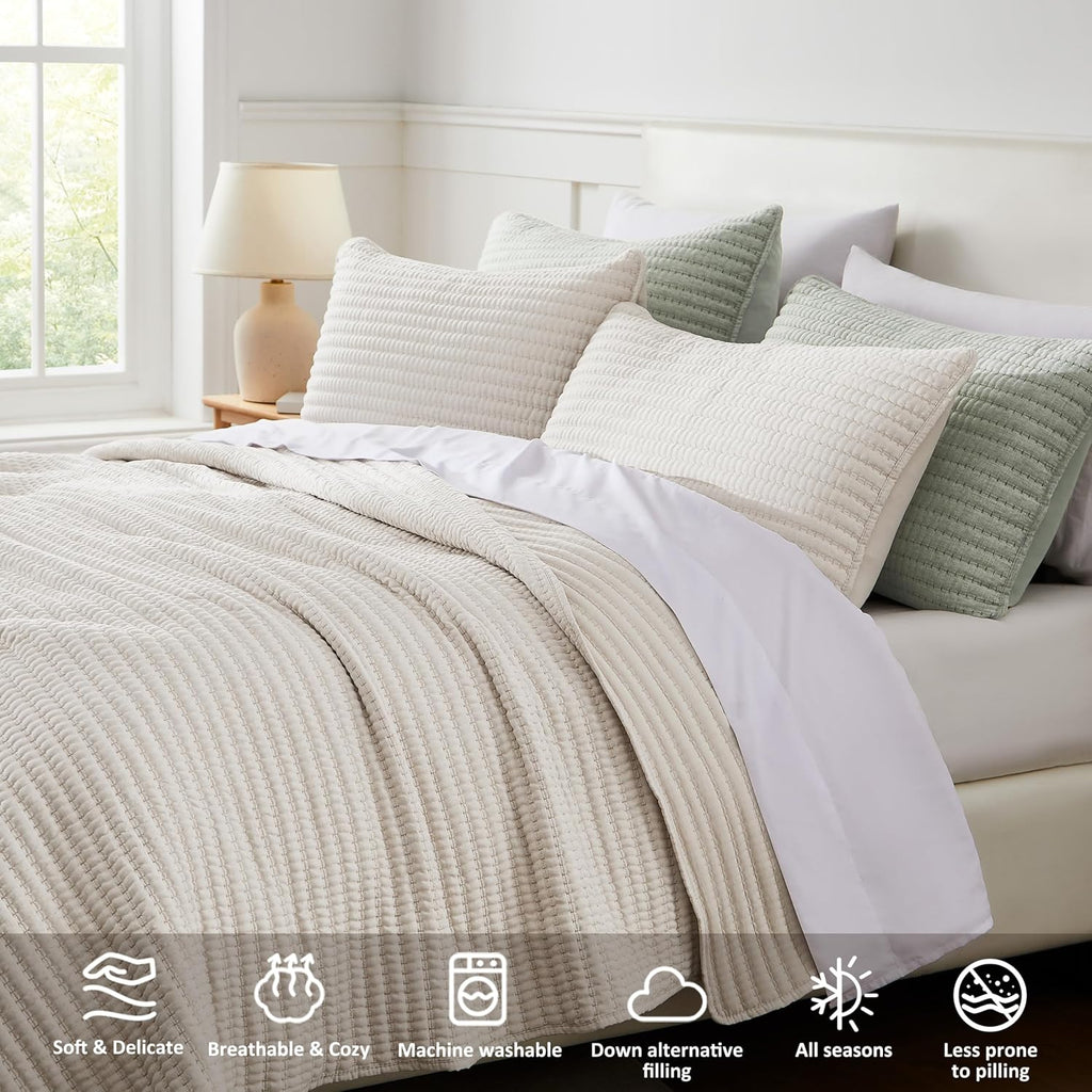 Beige Pick Stitch King Quilt Set, Striped Lightweight Soft Summer Spring Bedspread, Bamboo Linen Like Textured