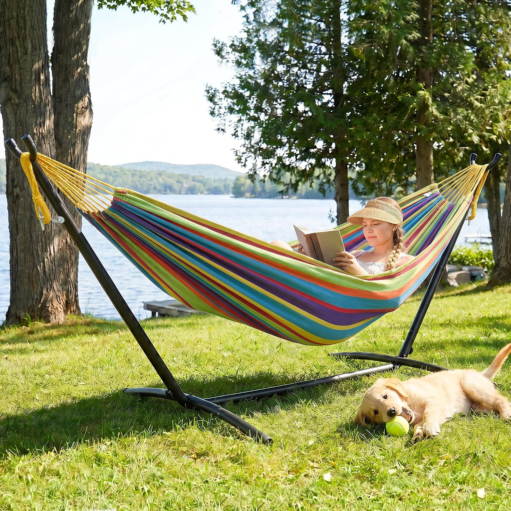 Portable Outdoor Hammock with Stand Included, Rainbow | Fabric Hammock with Stand for Outside