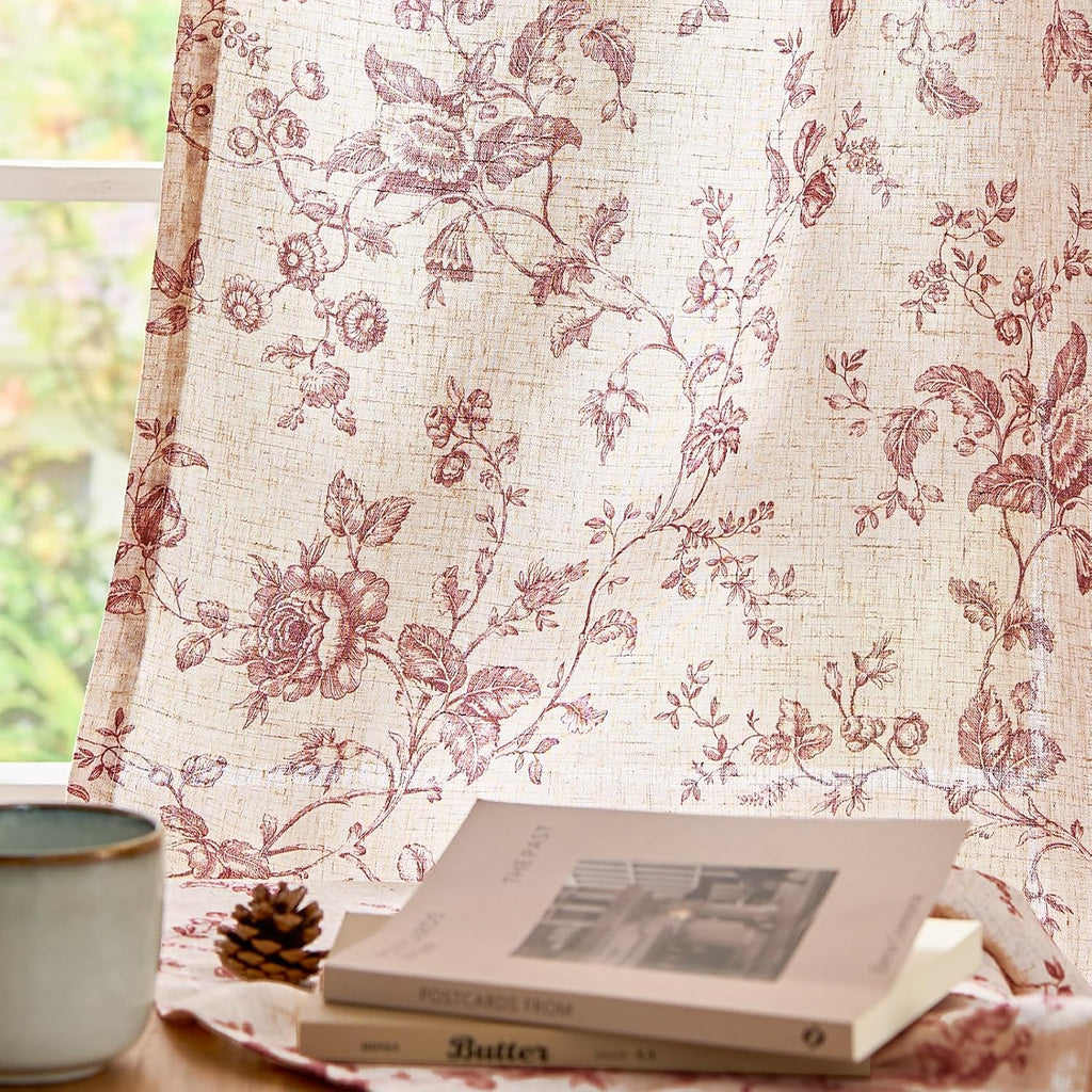 Linen Curtains 63 inch Maroon Floral Farmhouse Rod Pocket 2 Panels