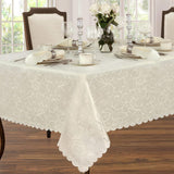 Portofino Scalloped Damask Fabric Tablecloth, 52 x 70 Inch Rectangle, Ivory, Wrinkle and Stain Resis