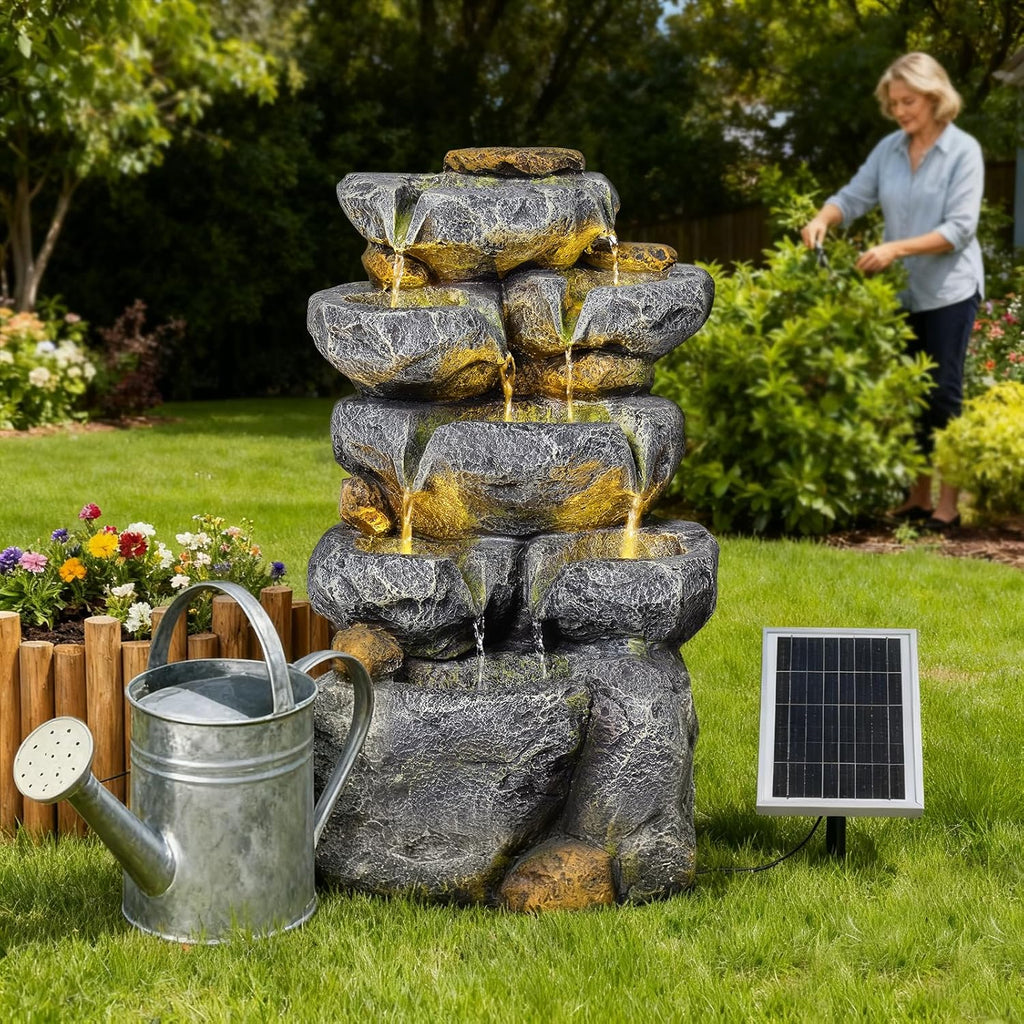 5 Tiered Solar Powered Water Fountain, Solar Water Fountain Outdoor Garden Cascading Rock Water Fall Fountains