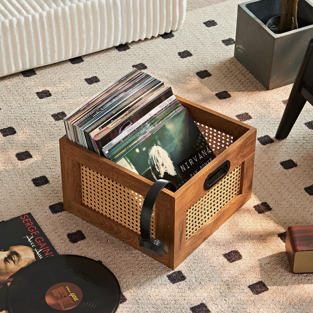 2 Pack Vinyl Record Storage Crates, Rattan Vinyl Record Holder