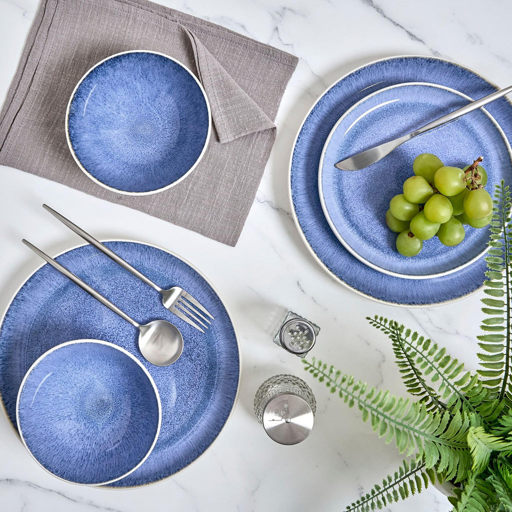 12-Piece Stoneware Dinnerware Set for 4, Light Blue Reactive Glaze on White Plates and Bowls Sets, Kitchen Ceramic