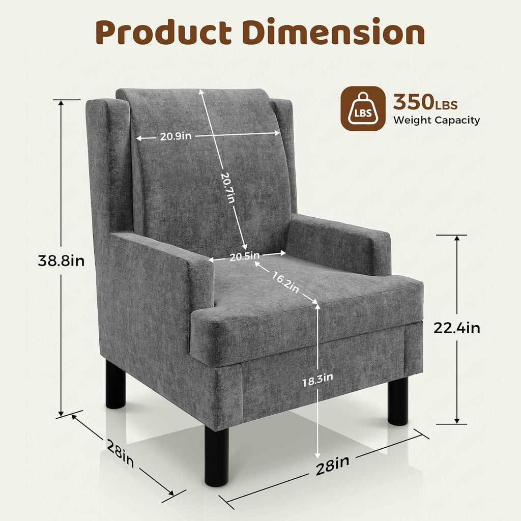 Wingback Accent Chair , Mid-Century Modern Reading Chair , Modern Chenille Upholstered Comfy Armchair with High Back