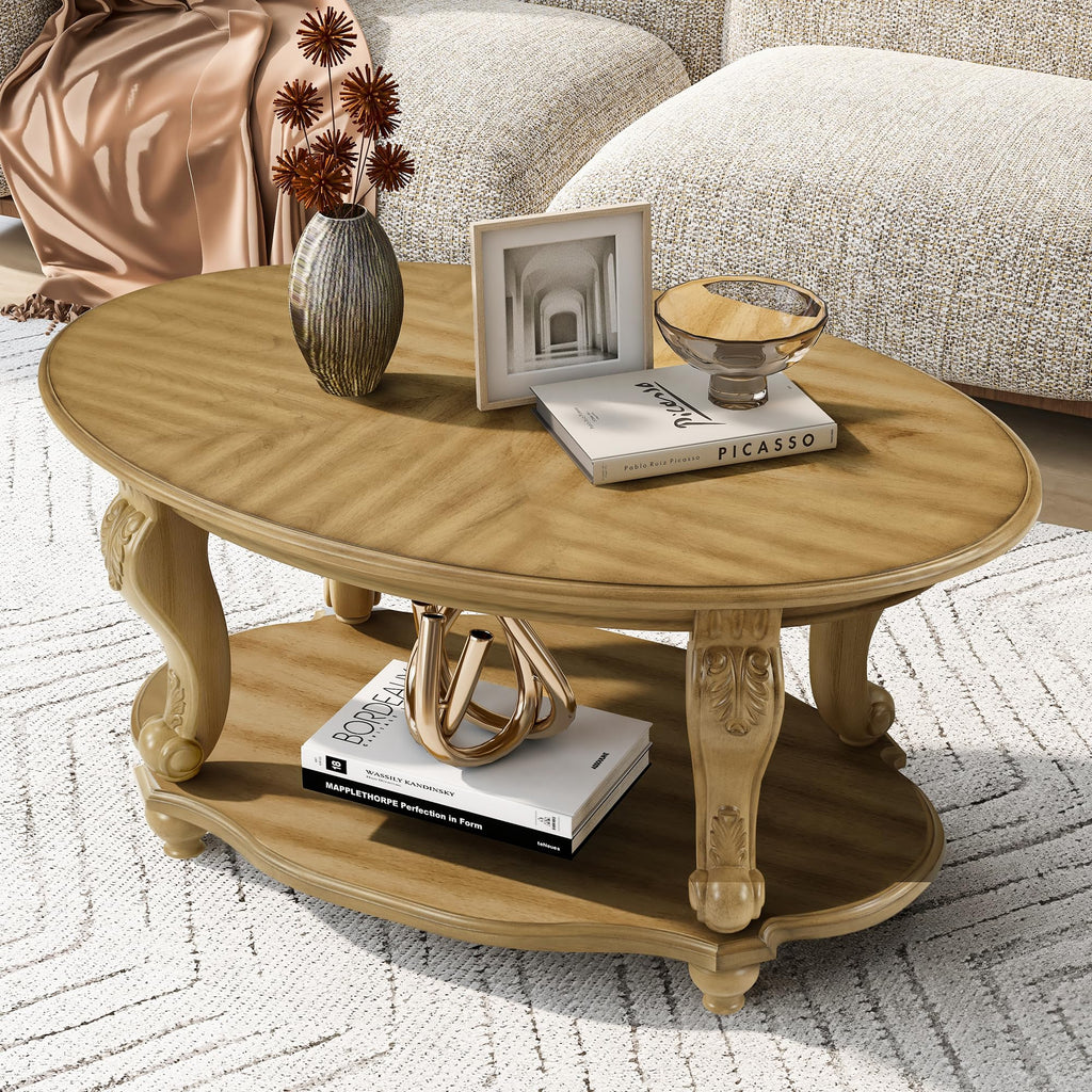 Round Coffee Table, 42" Oval Coffee Table with Storage, Victorian Center Table with Carved Legs, 2-Tier Cocktail