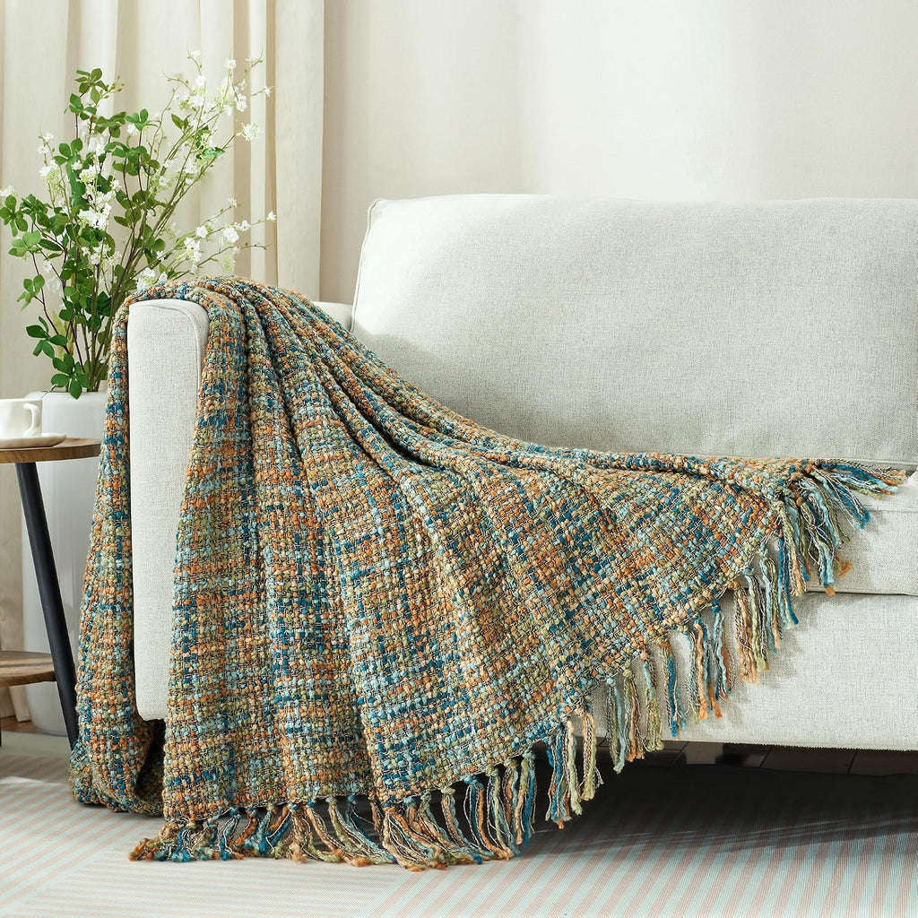 Multi-Color Gold Green Cable Woven Throw Blanket,50"X60" Boho Style Textured Blankets,Super Soft Warm Cozy Chunky